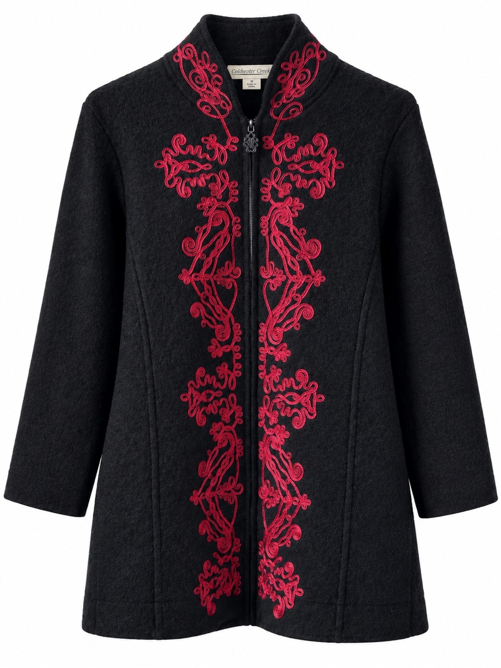 Coldwater Creek 100% Wool Embroidered Long Coat Jacket Black Red M